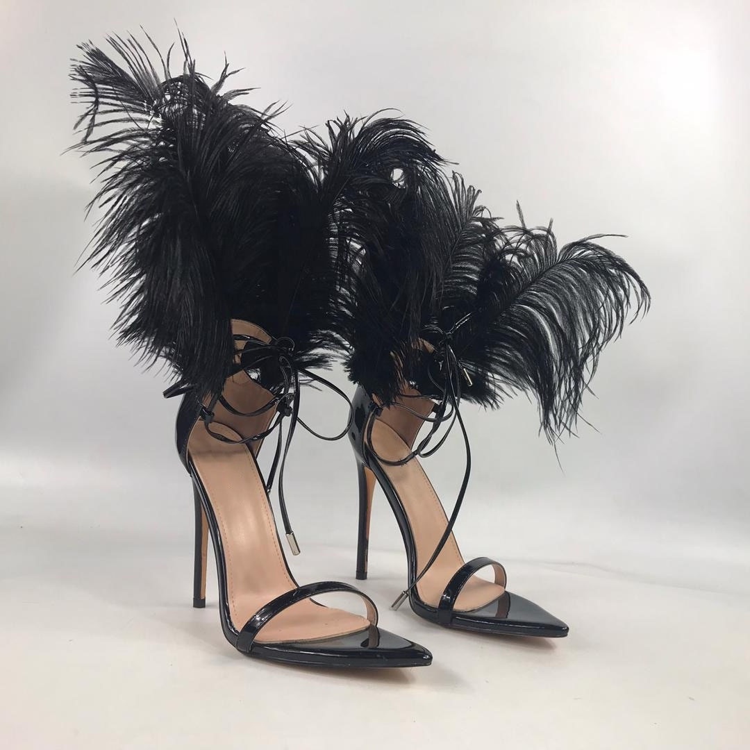 Feather Sandals Manufacturers Sandal Sexy Feather Fur Ankle Strap Women Ladies Shoes Stiletto High Sandal