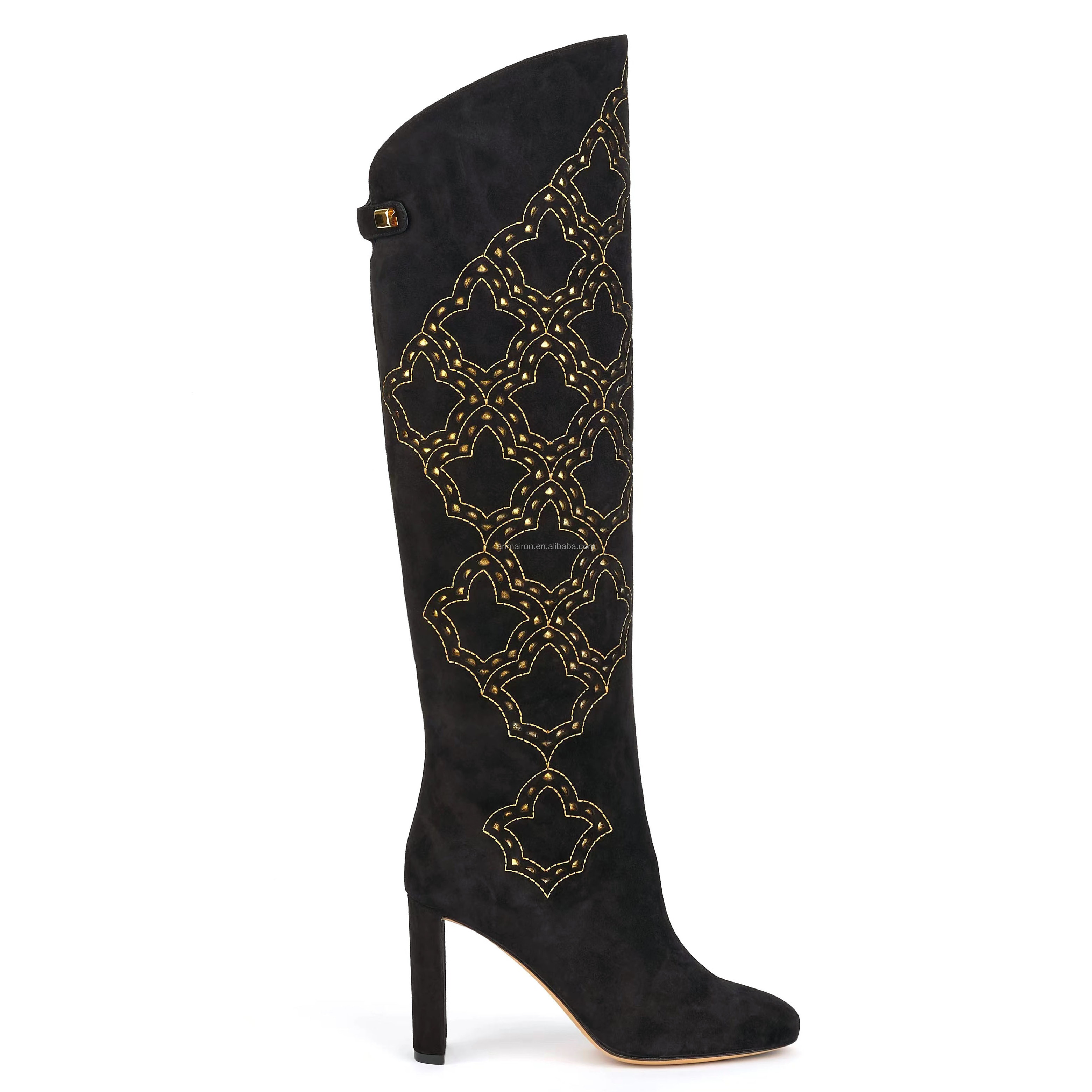 Anmairon Handmade Embroidery Black Suede Round Toe Square Heel Short Boots Women Knee High Boots