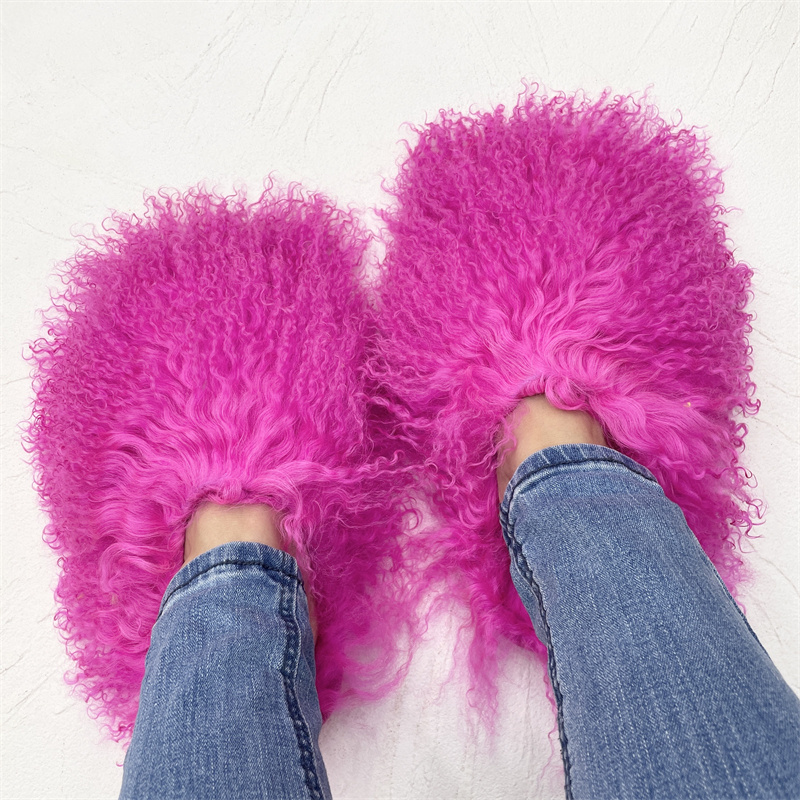 New Designer Long Hair Sheep Fur Slippers Mongolian Fuzzy Fur Slides