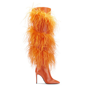 Anmairon Super Luxury Real Ostrich Feather Bright Color Orange Leather Women Thigh High Boots