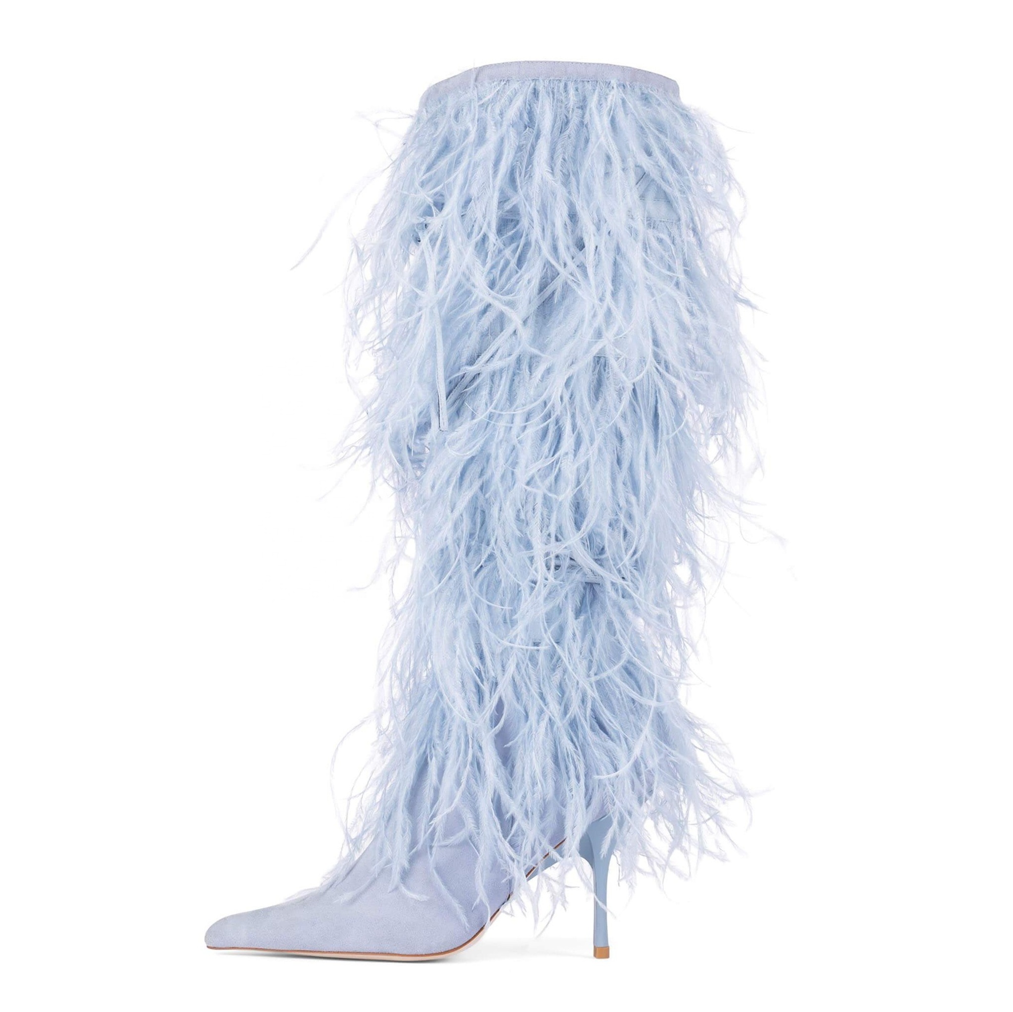 Designer Boots 2021 Pointed Toe Thin Heel Ostrich Feather Women Winter Boots