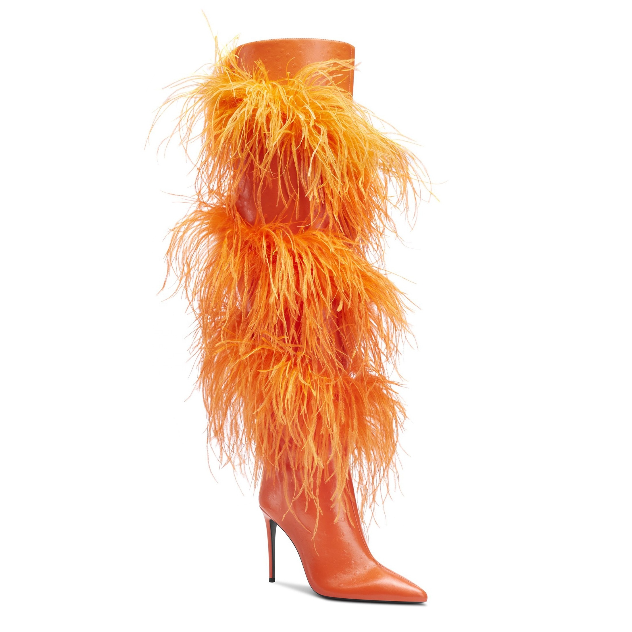 Anmairon Super Luxury Real Ostrich Feather Bright Color Orange Leather Women Thigh High Boots