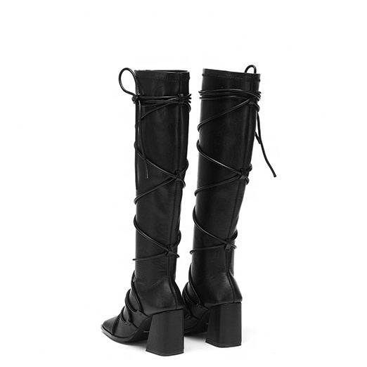 woman designer boots women winter boots special design square toe chunky heel square heel lace up slip on women knee high boots