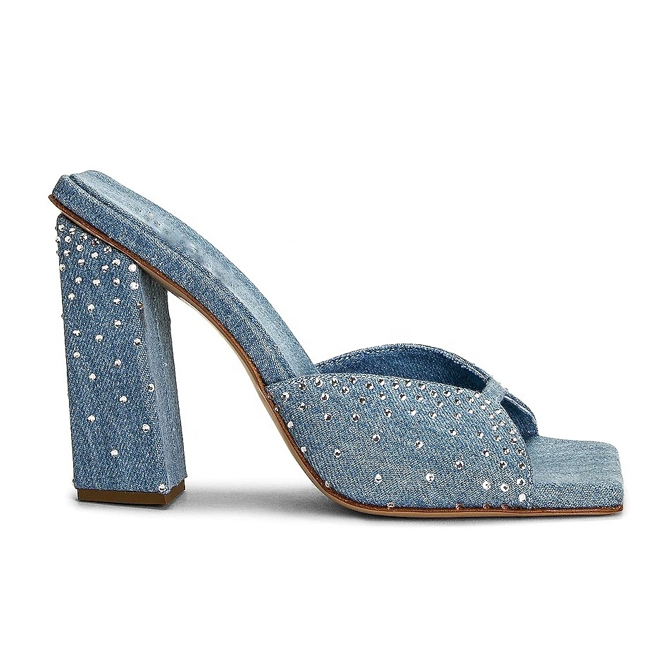 Custom Made Blue Jeans Style Women Sandal Shiny Diamonds Chunky Heel Slipper Sandal Shoe