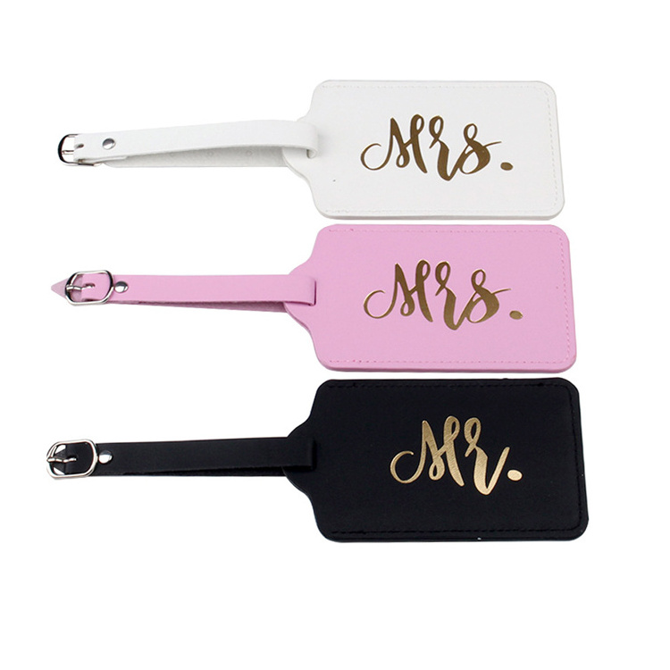 Amerpromo Mr&Mrs Leather Luggage tag Personalized Romantic white black pink PU leather Golden Stamped luggage tag for wedding