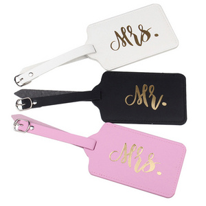 Amerpromo Mr&Mrs Leather Luggage tag Personalized Romantic white black pink PU leather Golden Stamped luggage tag for wedding