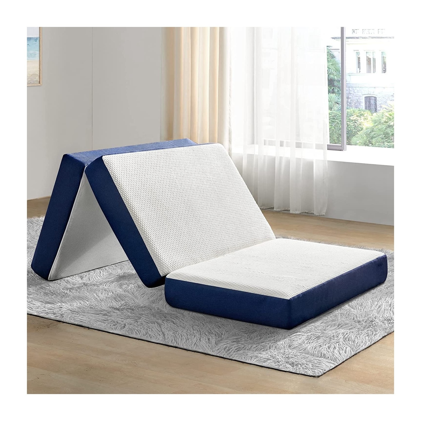 Blue and white three-layer pad gel memory foam mattress, portable portable folding mattress, removable wash top camping mattress