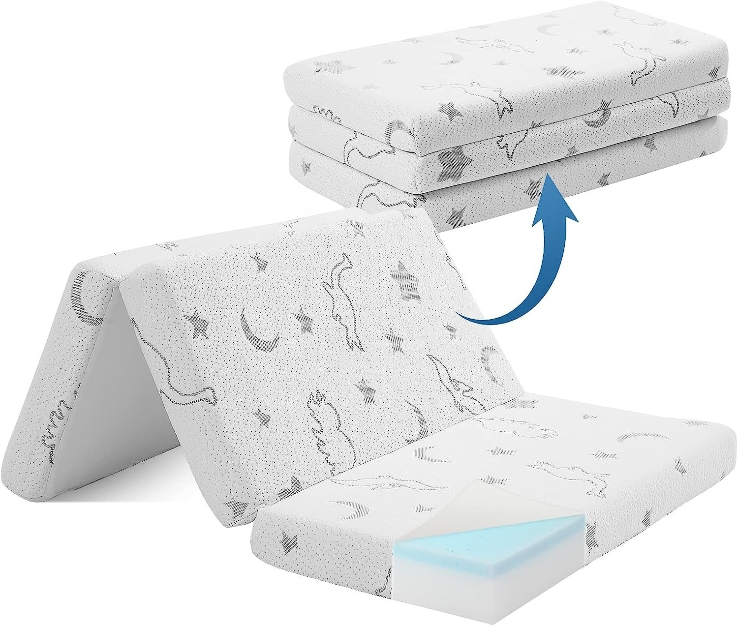 Portable Memory Foam Tri-Stack Mattress Foldable Gel Memory Foam waterproof baby mattress, mattress top nap pad, 38x26 inches