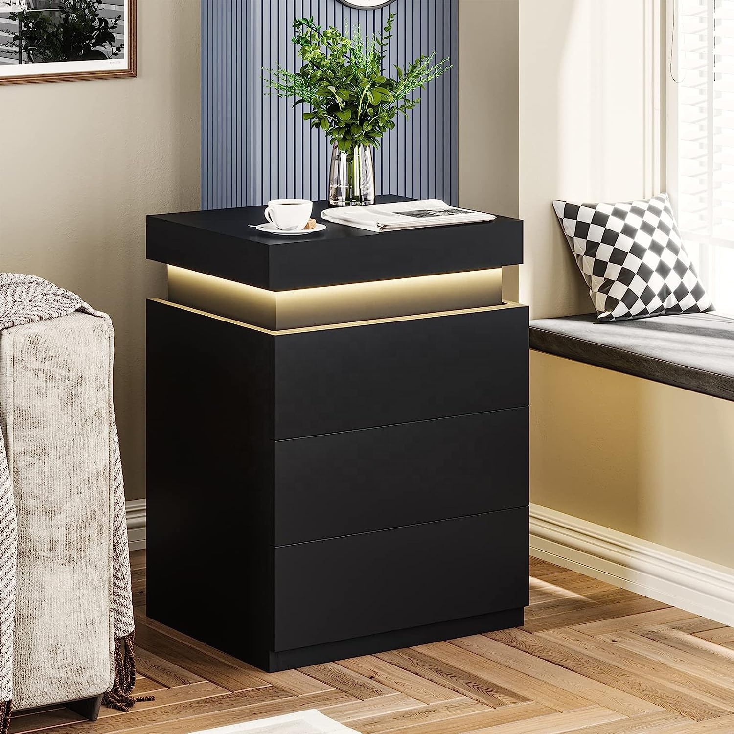 Modern black nightstand with charging station and LED light, nightstand with sliding top with drawer living room bedroom