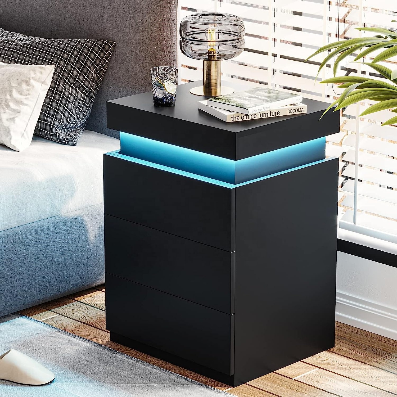 Modern black nightstand with charging station and LED light, nightstand with sliding top with drawer living room bedroom