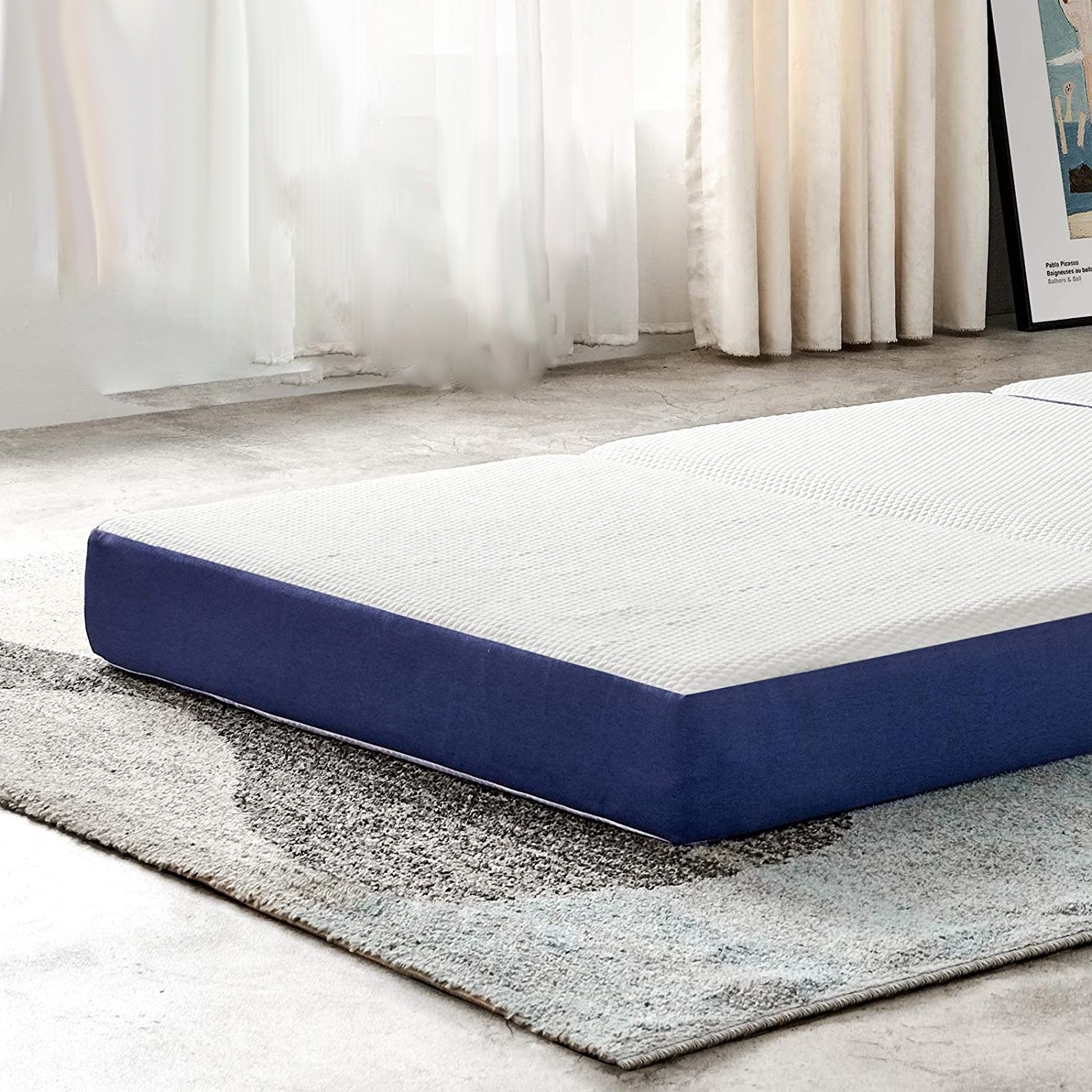 Blue and white three-layer pad gel memory foam mattress, portable portable folding mattress, removable wash top camping mattress