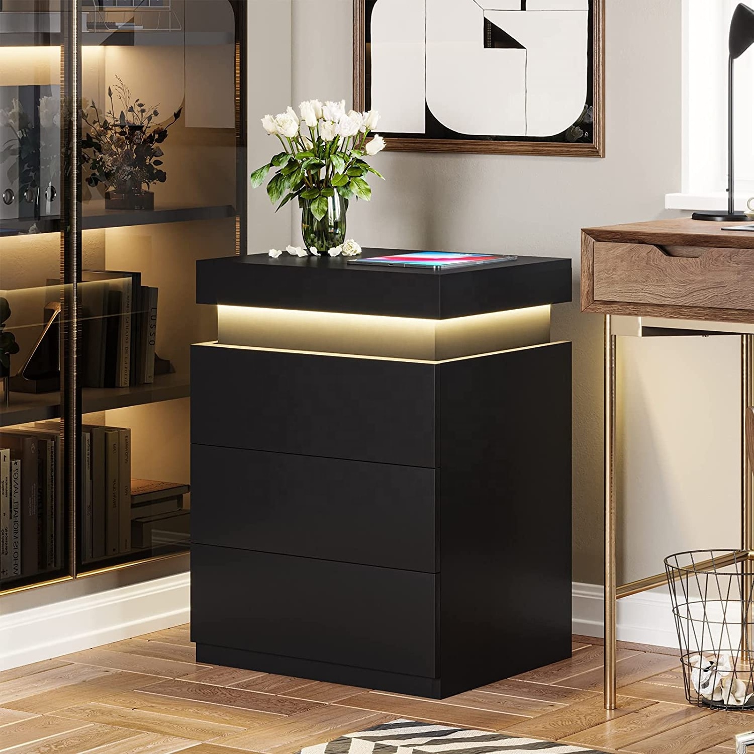 Modern black nightstand with charging station and LED light, nightstand with sliding top with drawer living room bedroom