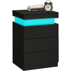 Modern black nightstand with charging station and LED light, nightstand with sliding top with drawer living room bedroom