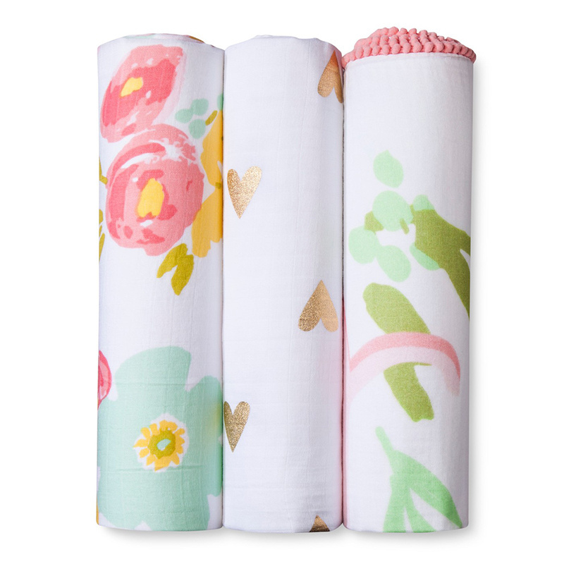 floral design muslin swaddle blanket with customized pattern organic double gauze printed swaddle with customized packaging