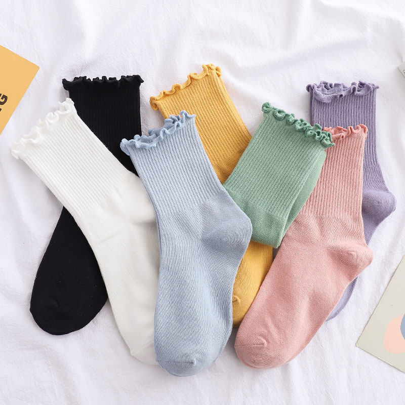 Premium quality fashion cotton crew slouch cute soft ladies ruffle women socks