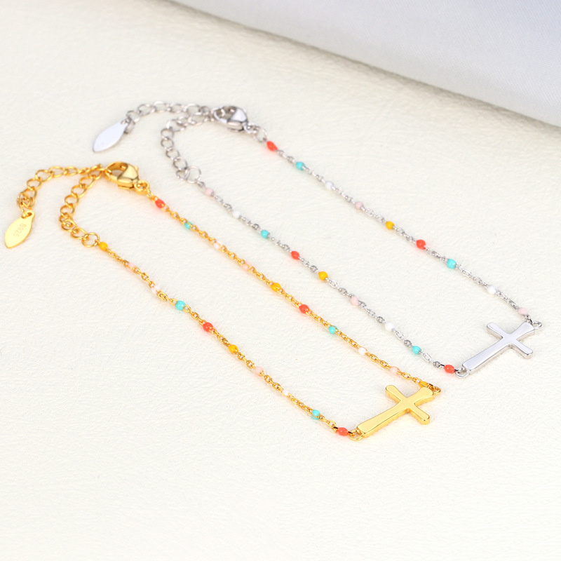 Trendy Simple Fashional S925 Sterling Silver Cross Foot Chain Anklet Stainless steel Small Colorful Graze Beaded Bracelet