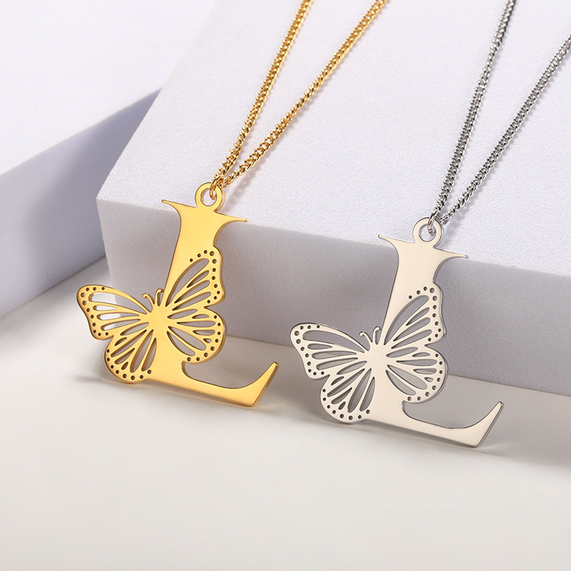 18k Gold Plated Letter Butterfly Necklace Stainless Steel 26 Initial Letter Necklaces Alphabet Necklace