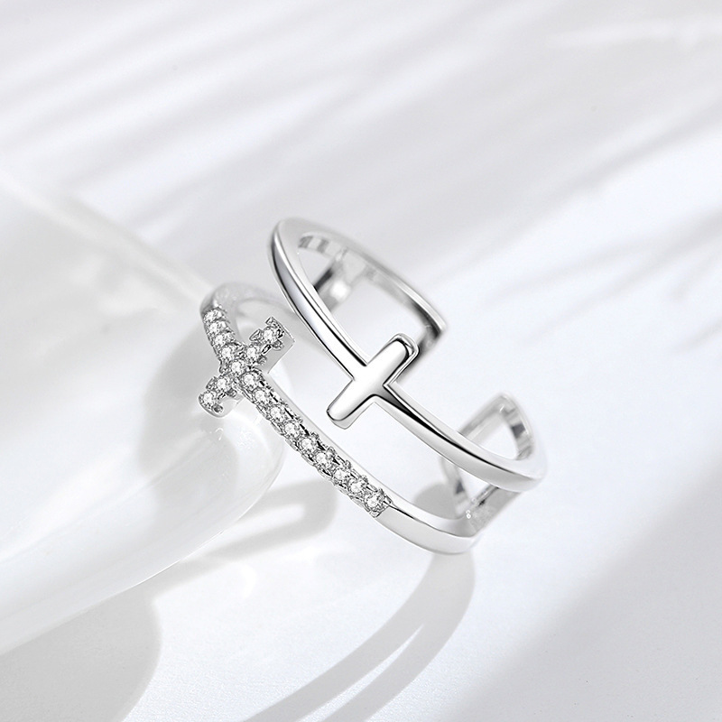 925 Sterling Silver Double Layered Cross Ring Hollow Out Crystal Cross Open Finger Rings