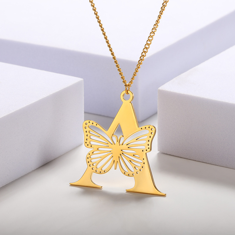 18k Gold Plated Letter Butterfly Necklace Stainless Steel 26 Initial Letter Necklaces Alphabet Necklace