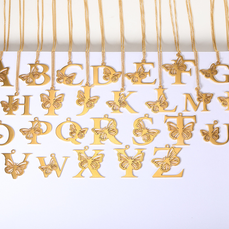 18k Gold Plated Letter Butterfly Necklace Stainless Steel 26 Initial Letter Necklaces Alphabet Necklace