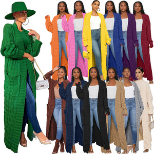 2023 New Fall Solid Color Long Cardigan Fashion Pockets Sweater Coat Women Twist Knitted Cardigan