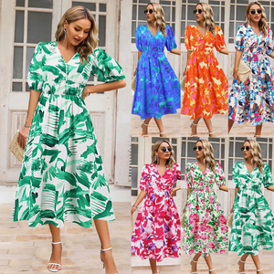 Wholesale Puff Sleeve Long Maxi Boho Dress Summer Clothes Printed V neck High Quality Women's Dresses