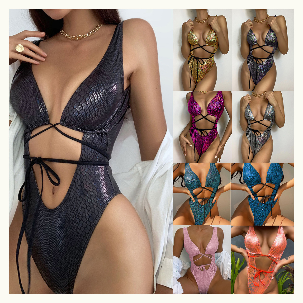 2022 strapping swimsuit Sexy backless lace-up Bikini scales Sexy One Piece Swimwear Bathing Suits for Women