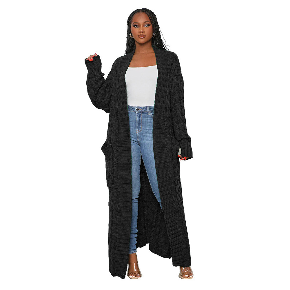 2023 New Fall Solid Color Long Cardigan Fashion Pockets Sweater Coat Women Twist Knitted Cardigan