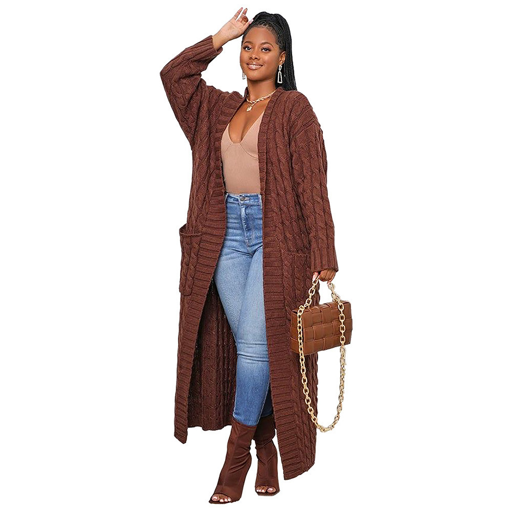 2023 New Fall Solid Color Long Cardigan Fashion Pockets Sweater Coat Women Twist Knitted Cardigan