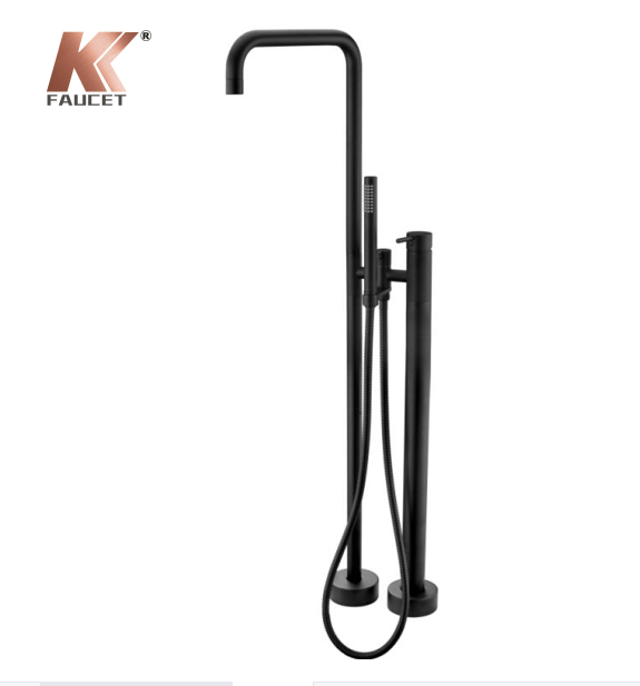 Luxury Round style  brass Matte black finish freestanding bathtub faucet with brass hand-held shower.