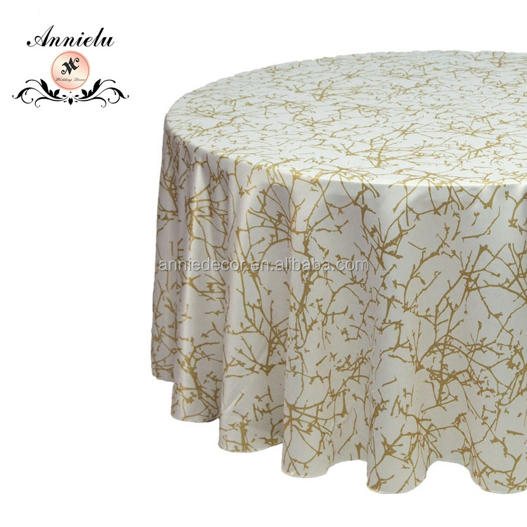 Popular gold and white branch printed satin round table cloth for wedding