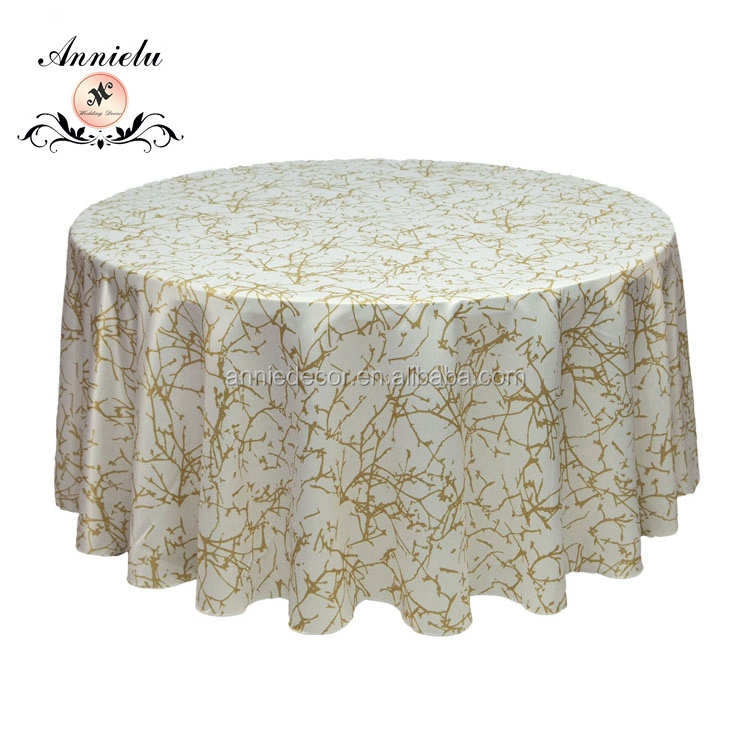 Popular gold and white branch printed satin round table cloth for wedding