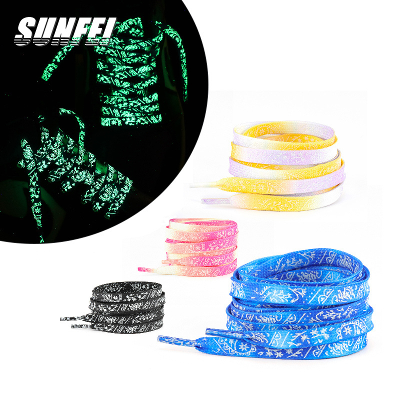 sunfei Flat Silk Screen Luminous Shoelaces Custom Sublimation Printed Shoe Laces Printed Gradient Shoelaces