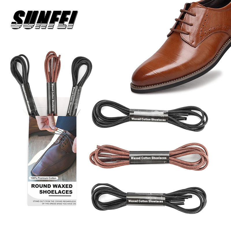 sunfei waxed cotton shoelace waterproof shoe lace custom Round Waxed cotton rope Shoe Lace Coloured cotton Leather Shoe shoelace