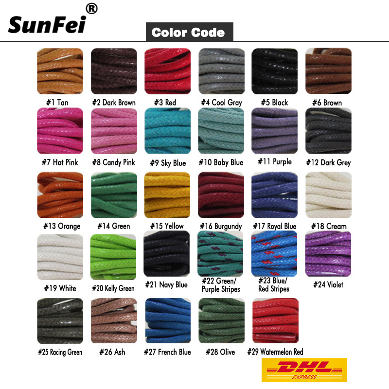 sunfei Multi-colored wax Cotton Shoelaces with Customized Color 100% cotton shoelaces Waterproof  Wax Leather Shoelaces