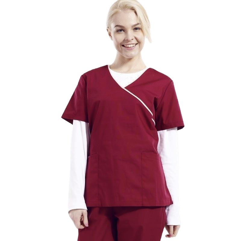 Solid High Quality Fashion Scrub for Women Nursing Uniform Scrub Sets Short Sleeve Medical Scrub Suit for Hospital Woven Maroon