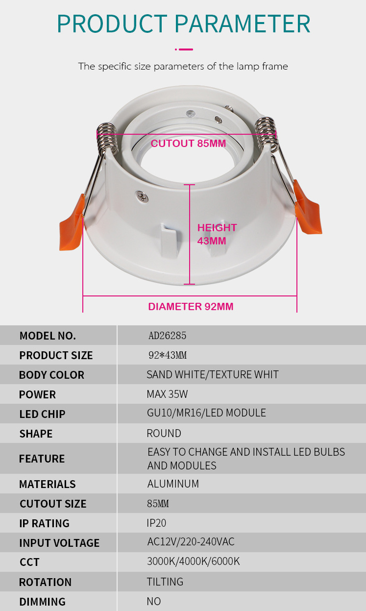 Recessed gu10 round led downlight fixture housing cover anti glare adjustable angle spot light frame