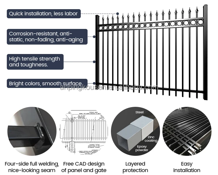 Free sample security metal galvanized safety fence panel steel picket 6 foot wrought iron fence panel security fencing