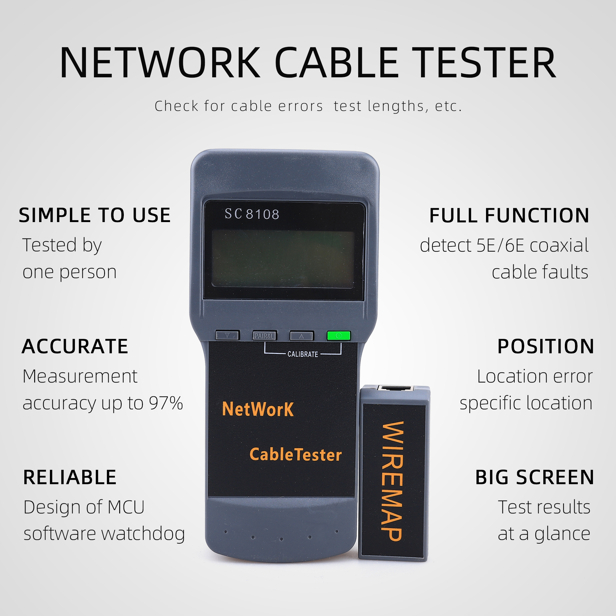 Portable Multifunction Wireless Network Tester SC-8108 LCD Digital PC Data Network CAT5 RJ45 LAN Phone Cable Tester Meter