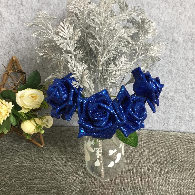 Artificial glitter foam polyfoam Roses flowers With Wired Stem Wedding Decoration