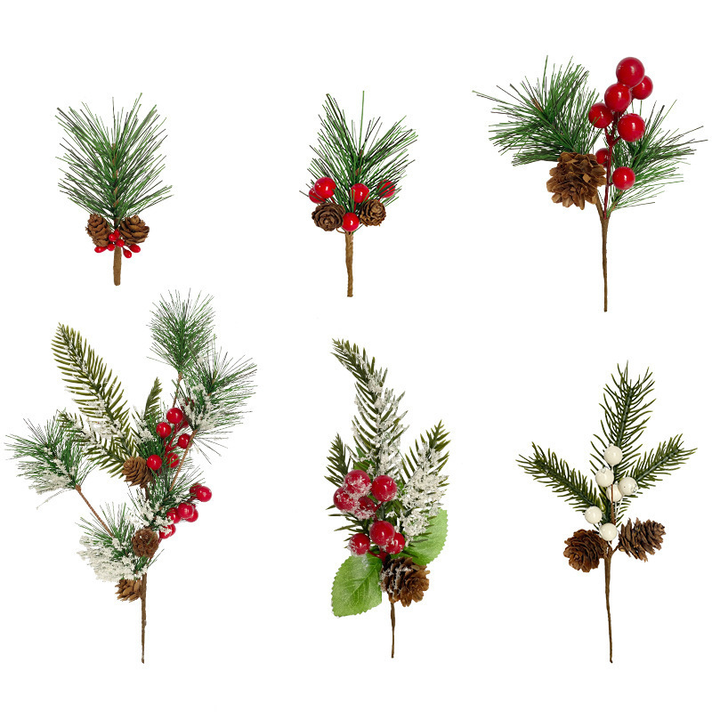 High Quality Christmas Pine Cones Stem Red Berries For Home Decor Gift Box Artificial Pine Cones Small Picks