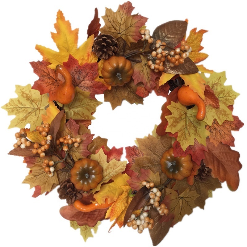 Artificial Autumn Rattan Wreath Decoration Maple Leaf Pumpkin Hot Fall Wreaths For Front Door