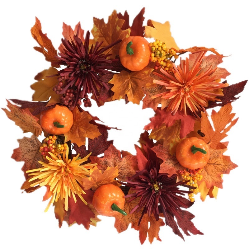 Artificial Autumn Rattan Wreath Decoration Maple Leaf Pumpkin Hot Fall Wreaths For Front Door