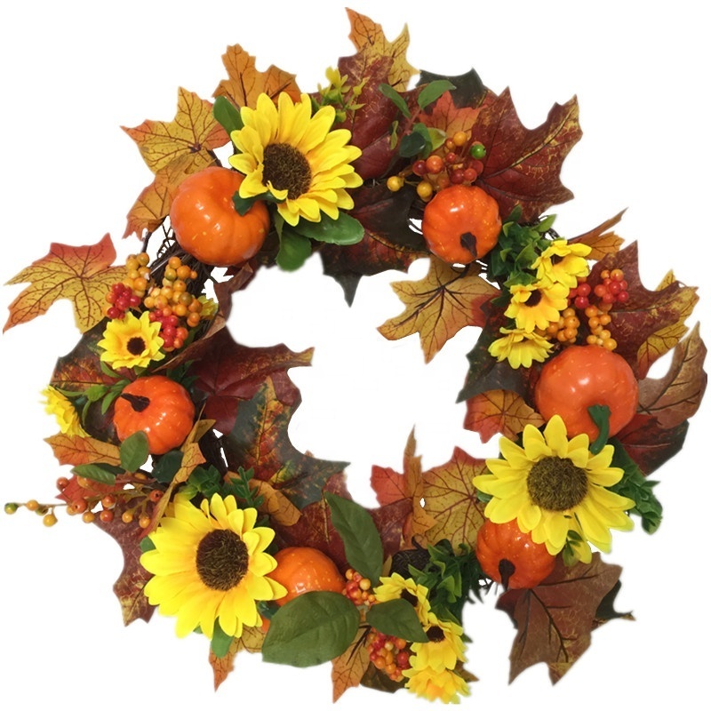 Artificial Autumn Rattan Wreath Decoration Maple Leaf Pumpkin Hot Fall Wreaths For Front Door