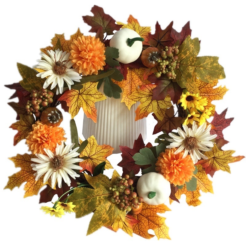 Artificial Autumn Rattan Wreath Decoration Maple Leaf Pumpkin Hot Fall Wreaths For Front Door