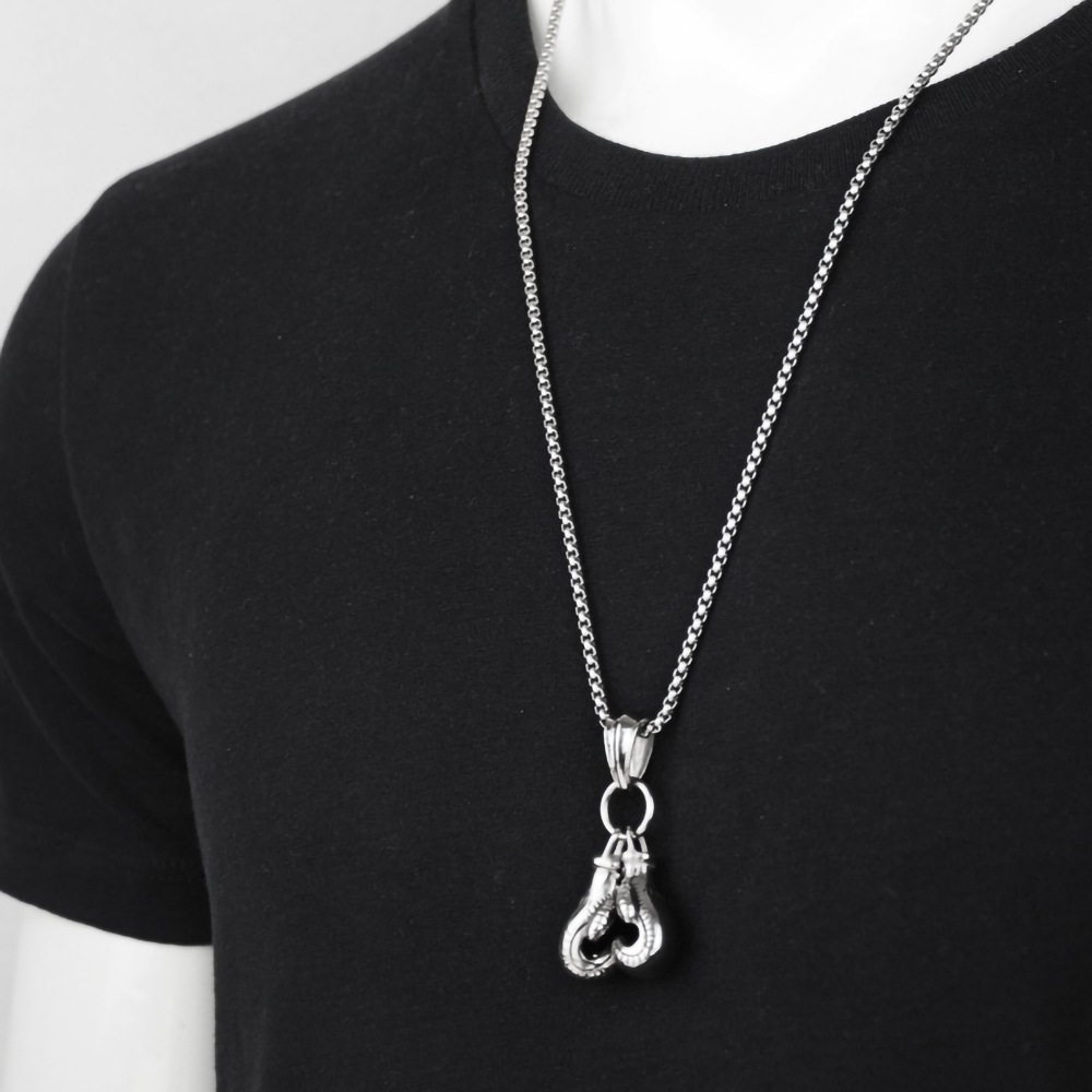 New Arrivals Silver Black Gold Stainless Steel Necklace Mens Round Box Chain Sport Boxing Pendant Necklace