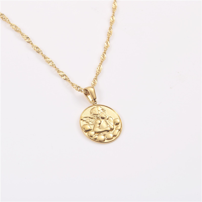 Non Fade 18k Gold Plated Stainless Steel Water Wave Chain Guardian Cherub Necklace Angel Coin Pendant Necklace For Men Women