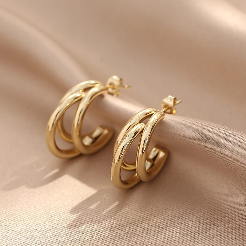 Wholesale Custom High-end Jewelry 2.8cm PVD 18K Gold Plated Stainless Steel Three Line Tube Triple Hoop Gold Earrings