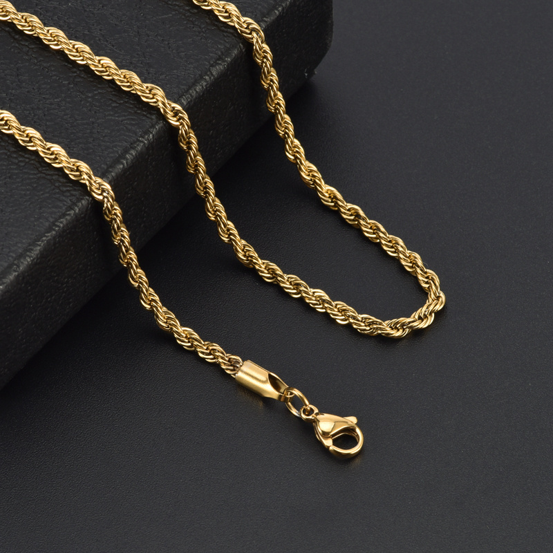 18k Real Gold Plated Twist Rope Chain 3mm Stainless Steel Men Chain Necklace Women Chains 16 18 20 22 24 Inches