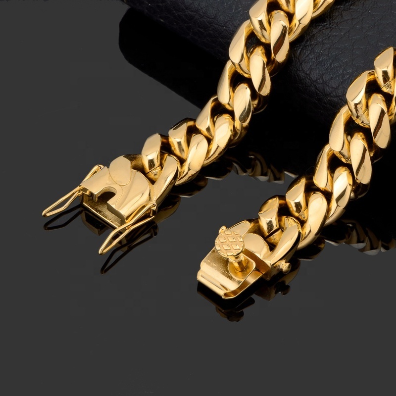 Custom Mens Hip Hop Miami Cuban Link Chain 18k Gold Plated Stainless Steel Cuban Jewelry Set Chain bracelet